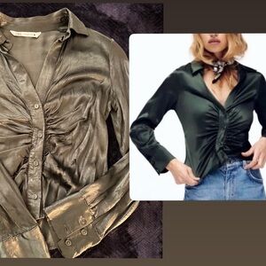 Zara Satin Ruched Blouse - Metallic Dark Forest Green